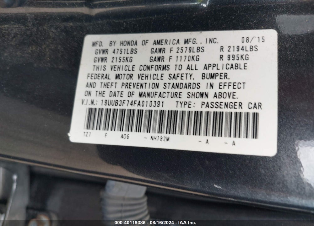 2015 ACURA TLX V6 ADVANCE VIN: 19UUB3F74FA010391