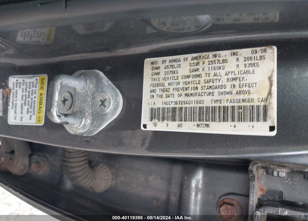 2009 HONDA ACCORD 3.5 EX VIN: 1HGCP36729A011640
