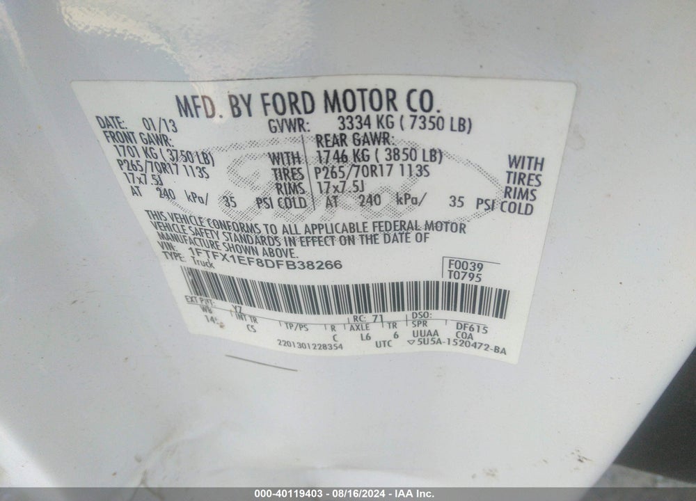 2013 FORD F-150 XL VIN: 1FTFX1EF8DFB38266
