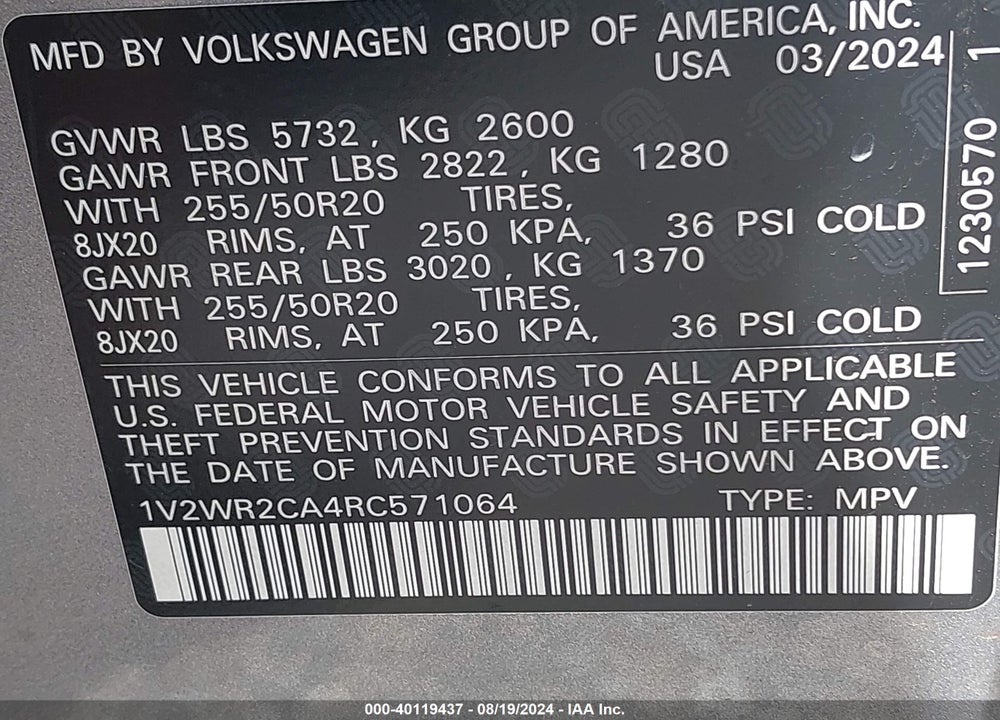 2024 VOLKSWAGEN ATLAS 2.0T SE W/TECHNOLOGY VIN: 1V2WR2CA4RC571064