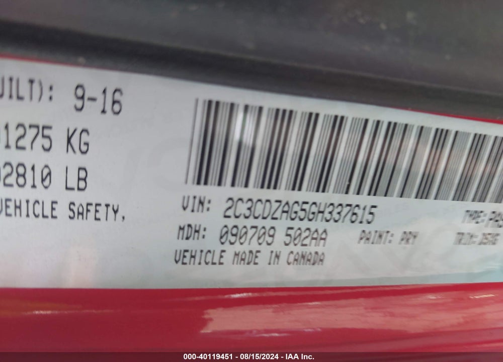 2016 DODGE CHALLENGER SXT VIN: 2C3CDZAG5GH337615