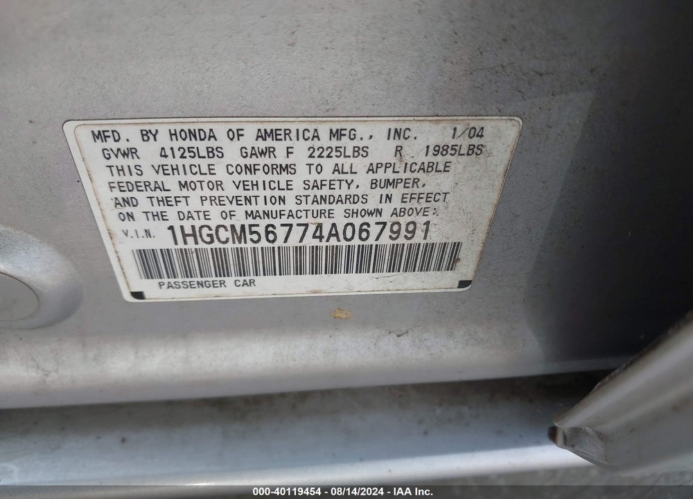 2004 HONDA ACCORD 2.4 EX VIN: 1HGCM56774A067991