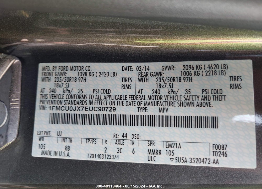 2014 FORD ESCAPE TITANIUM VIN: 1FMCU0JX7EUC90729