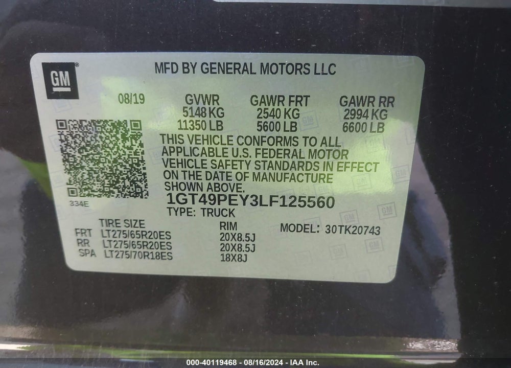 2020 GMC SIERRA 2500HD 4WD STANDARD BED AT4 VIN: 1GT49PEY3LF125560