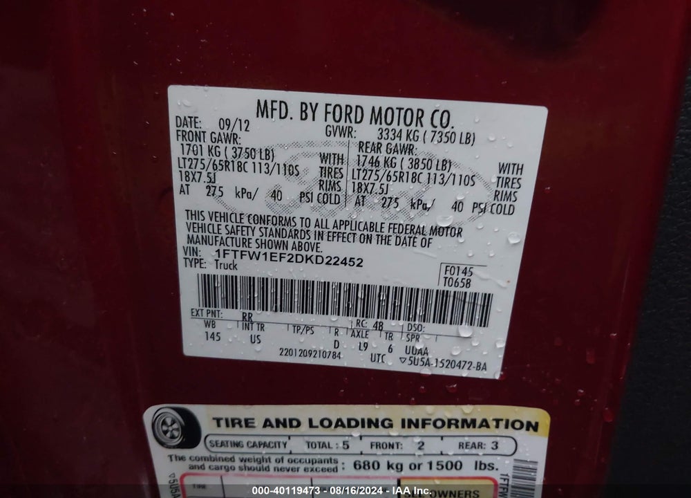 2013 FORD F-150 XLT VIN: 1FTFW1EF2DKD22452