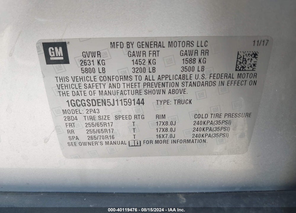 2018 CHEVROLET COLORADO Z71 VIN: 1GCGSDEN5J1159144