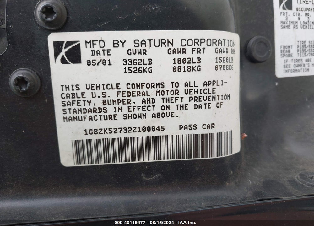 2002 SATURN S-SERIES SL2 VIN: 1G8ZK52732Z100045