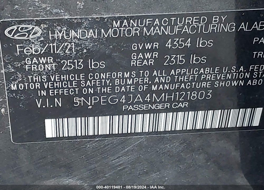 2021 HYUNDAI SONATA SE VIN: 5NPEG4JA4MH121803
