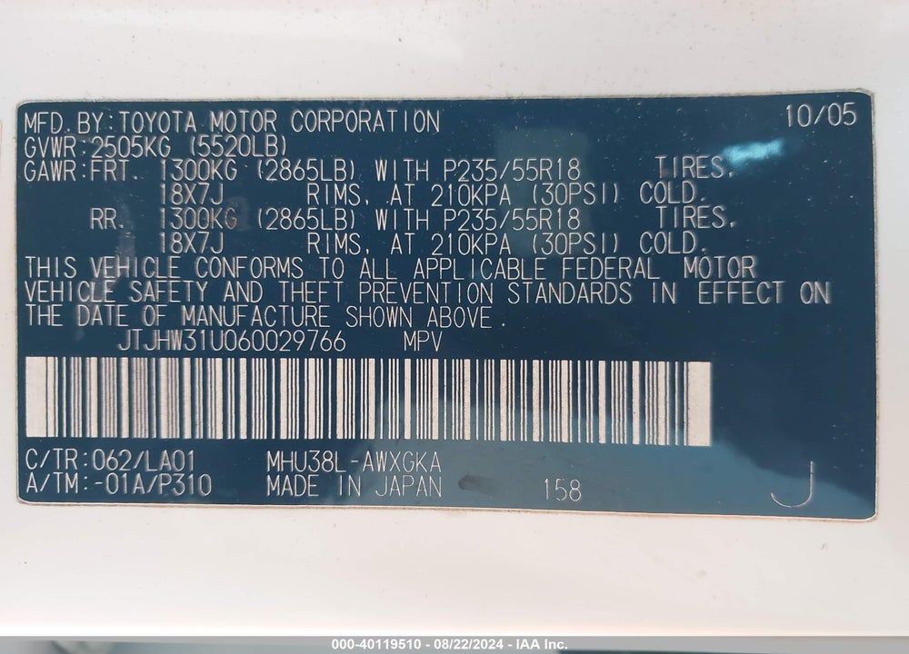 2006 LEXUS RX 400H VIN: JTJHW31U060029766