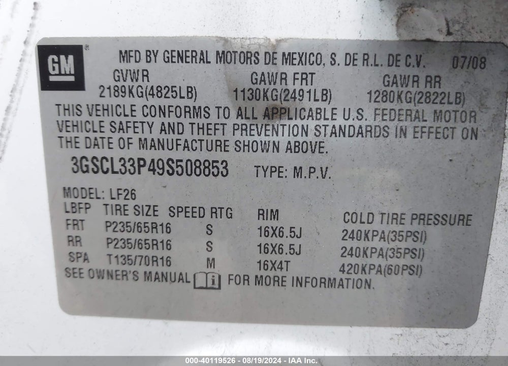 2009 SATURN VUE 4-CYL XE VIN: 3GSCL33P49S508853
