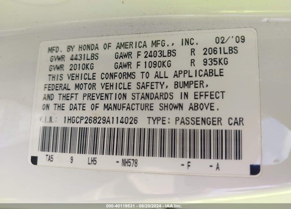 2009 HONDA ACCORD 2.4 EX-L VIN: 1HGCP26829A114026