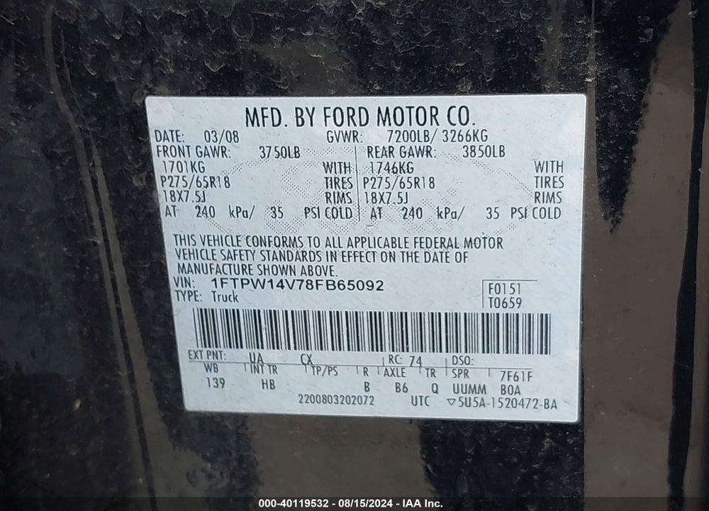 2008 FORD F-150 60TH ANNIVERSARY/FX4/KING RANCH/LARIAT/XLT VIN: 1FTPW14V78FB65092