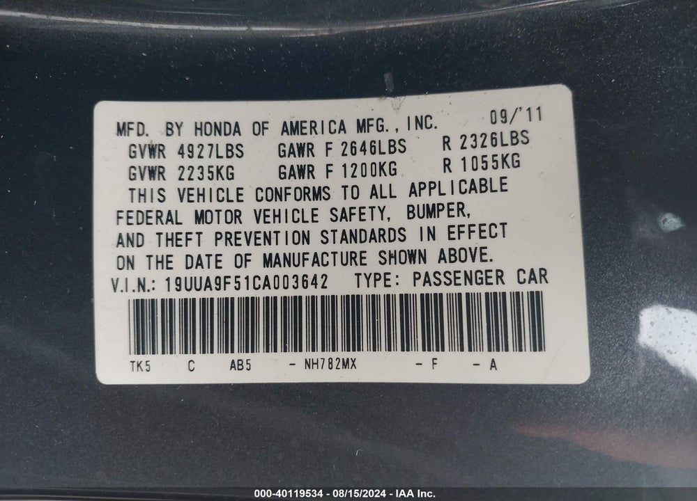 2012 ACURA TL 3.7 VIN: 19UUA9F51CA003642
