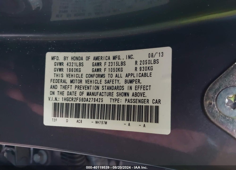 2013 HONDA ACCORD SPORT VIN: 1HGCR2F56DA279425
