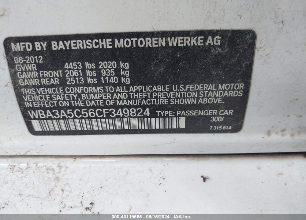 2012 BMW 328I VIN: WBA3A5C56CF349824