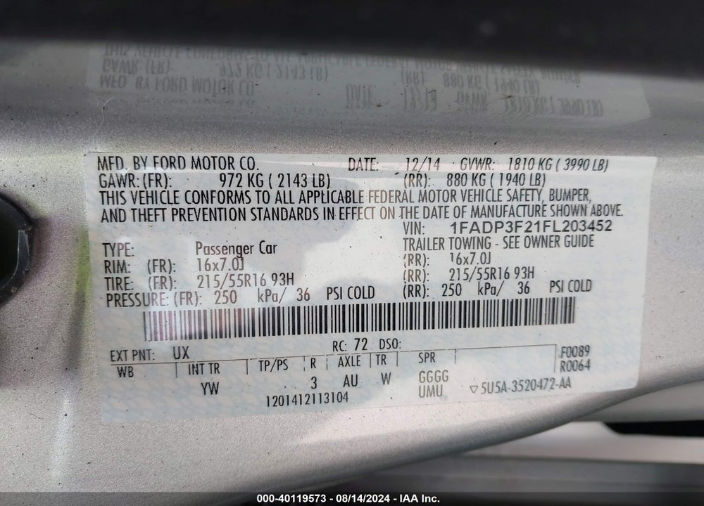 2015 FORD FOCUS VIN: 1FADP3F21FL203452