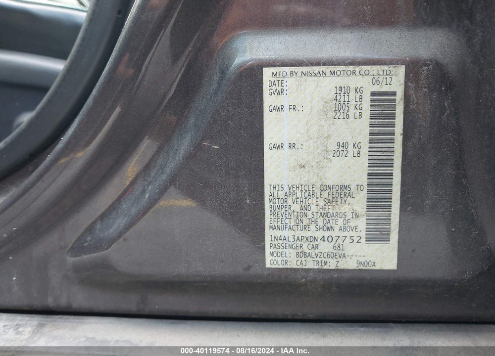 2013 NISSAN ALTIMA 2.5 SL VIN: 1N4AL3APXDN407752