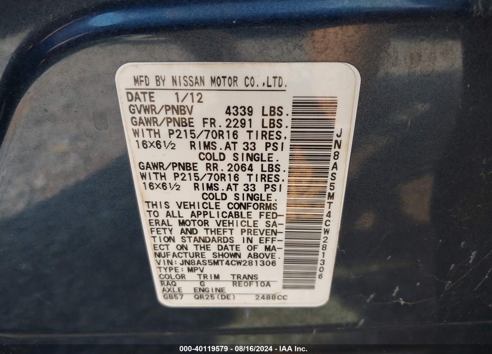 2012 NISSAN ROGUE VIN: JN8AS5MT4CW281306