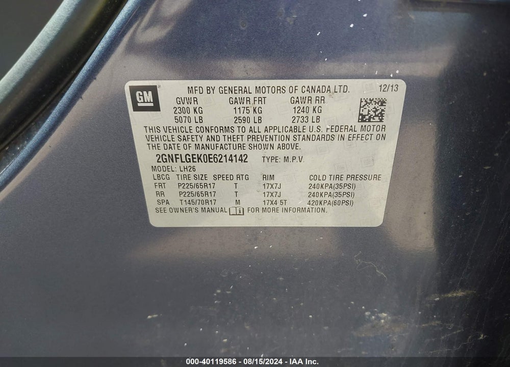 2014 CHEVROLET EQUINOX 2LT VIN: 2GNFLGEK0E6214142