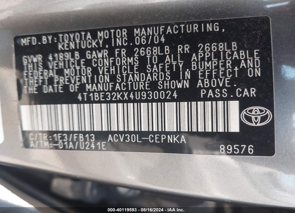 2004 TOYOTA CAMRY LE VIN: 4T1BE32KX4U930024