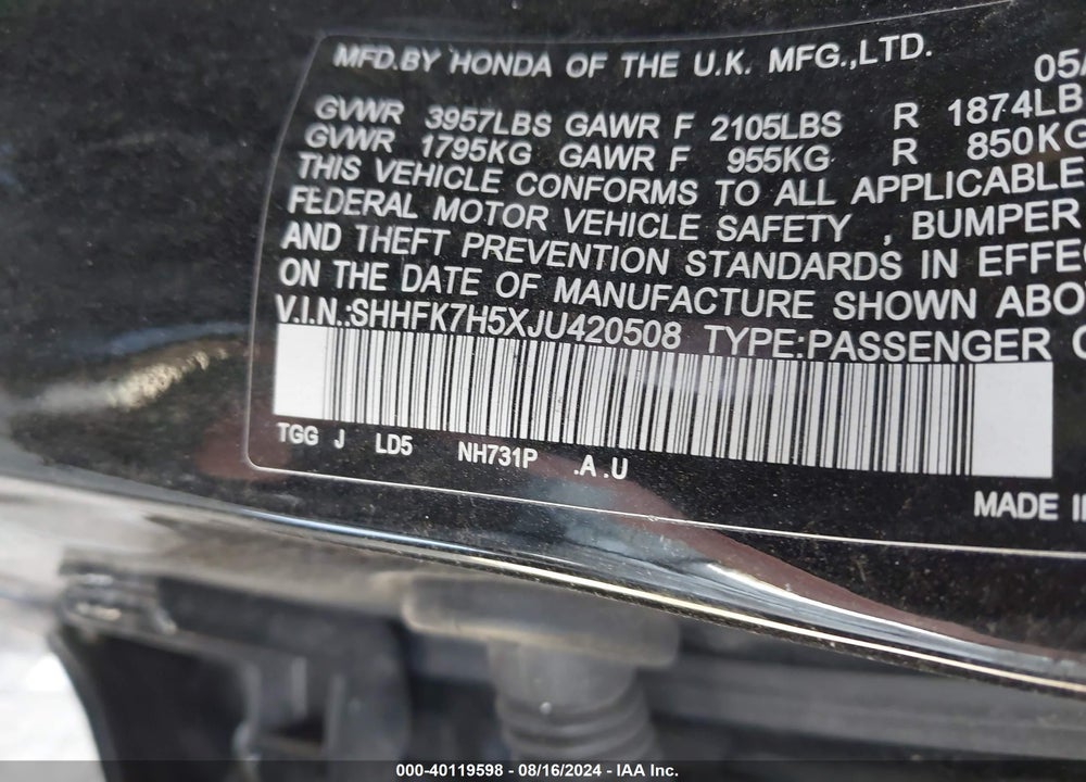 2018 HONDA CIVIC EX VIN: SHHFK7H5XJU420508