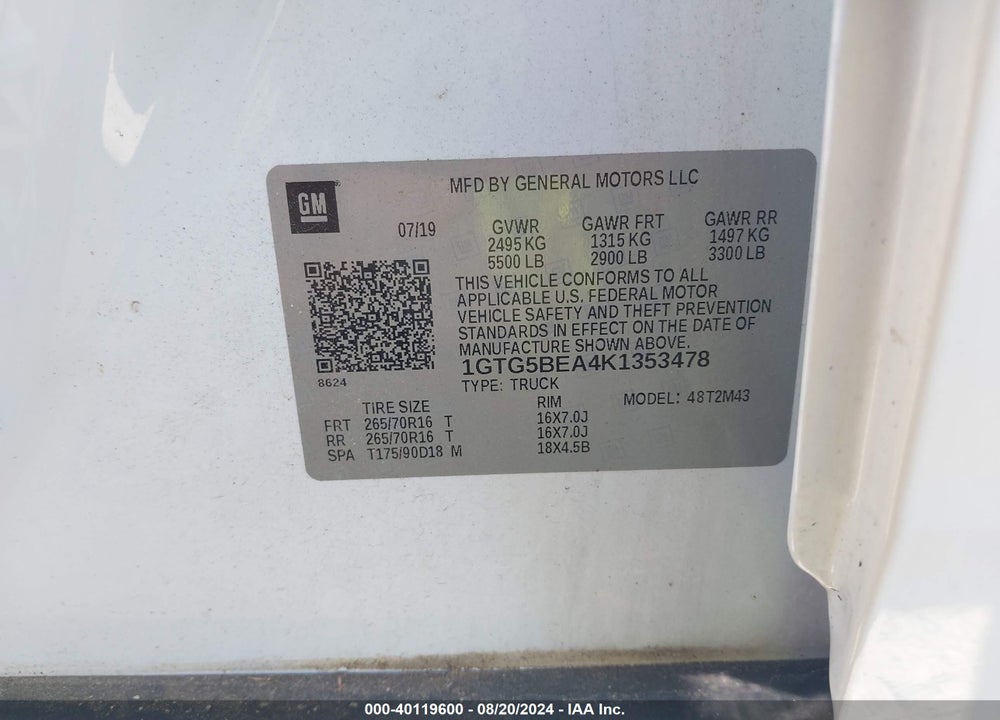 2019 GMC CANYON VIN: 1GTG5BEA4K1353478