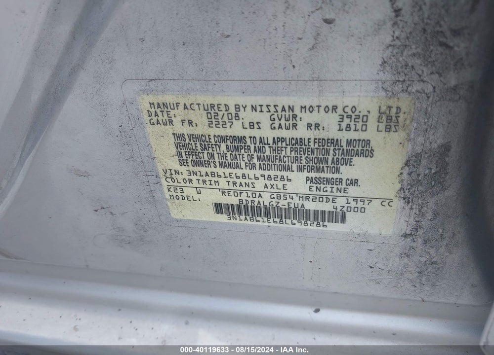 2008 NISSAN SENTRA 2.0SL VIN: 3N1AB61E68L698286