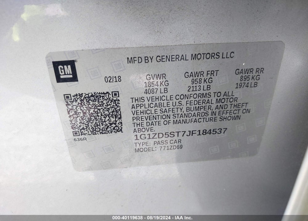 2018 CHEVROLET MALIBU LT VIN: 1G1ZD5ST7JF184537