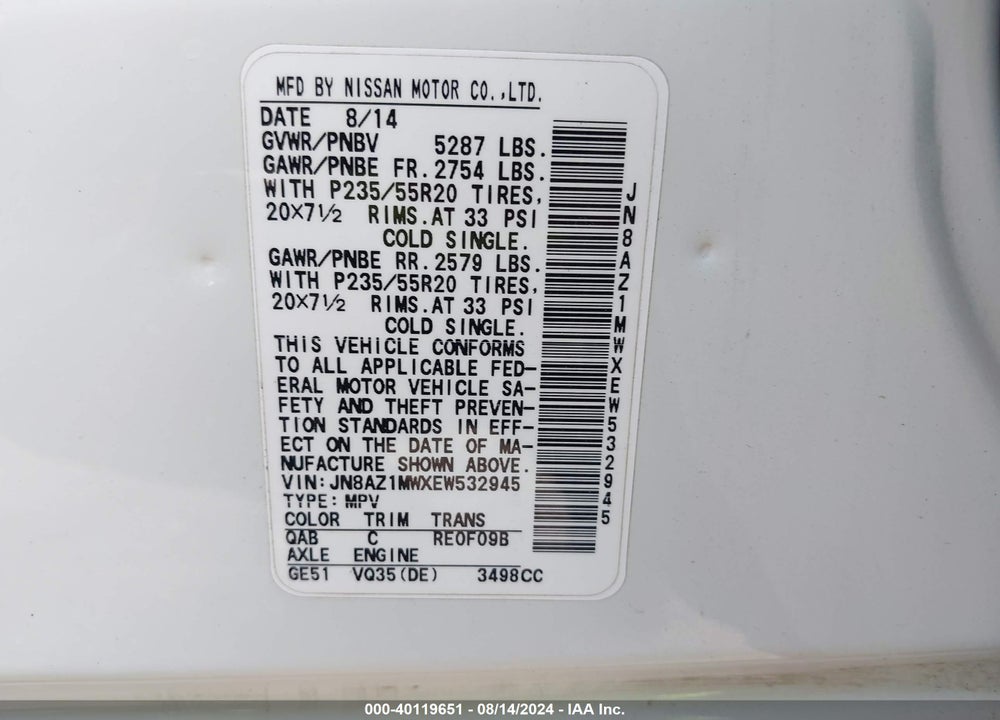 2014 NISSAN MURANO LE VIN: JN8AZ1MWXEW532945