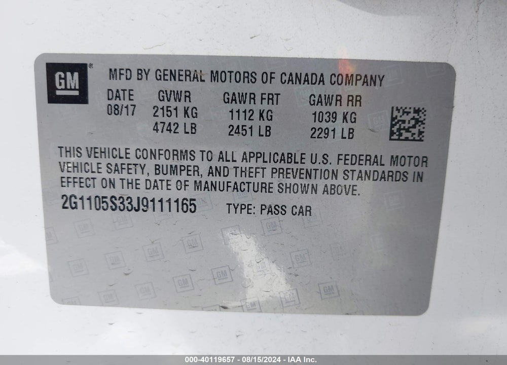 2018 CHEVROLET IMPALA 1LT VIN: 2G1105S33J9111165