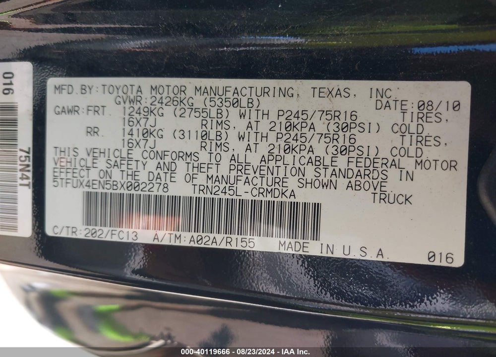 2011 TOYOTA TACOMA VIN: 5TFUX4EN5BX002278