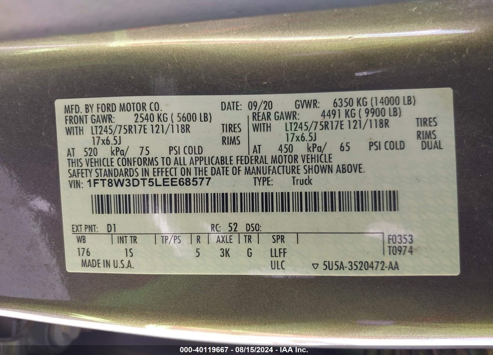 2020 FORD F-350 XL VIN: 1FT8W3DT5LEE68577