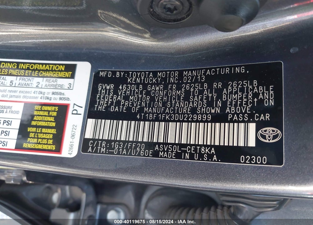 2013 TOYOTA CAMRY SE VIN: 4T1BF1FK3DU229899