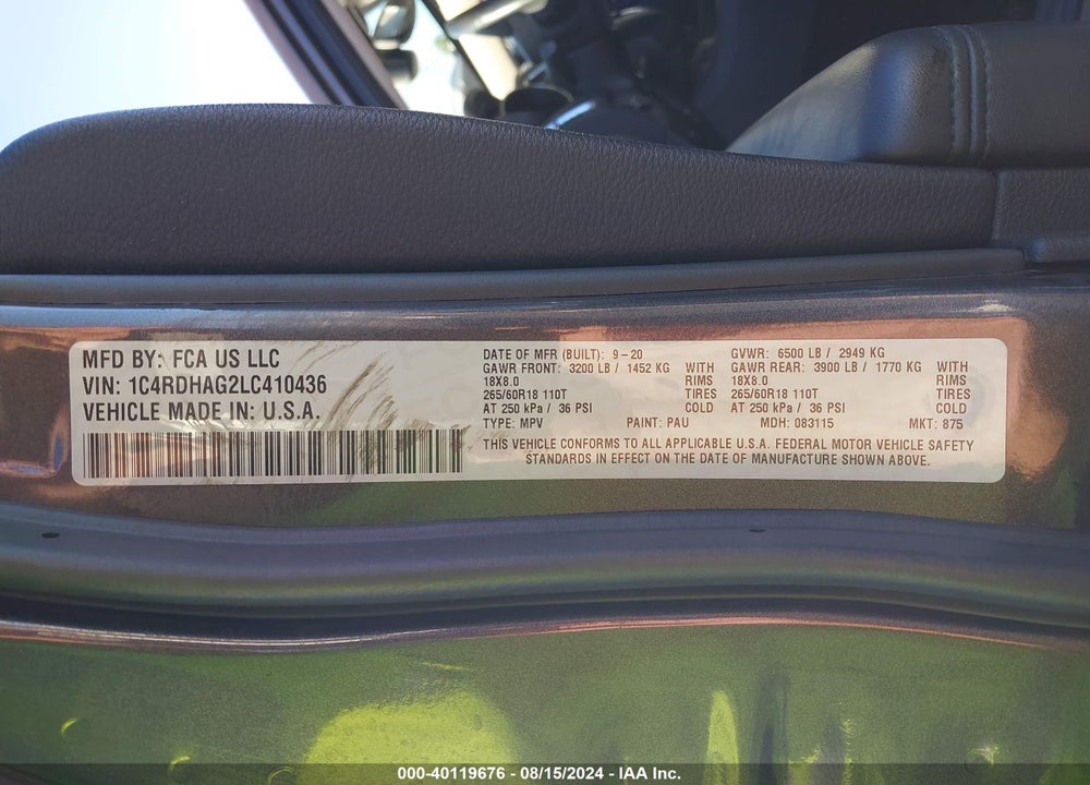 2020 DODGE DURANGO SXT RWD VIN: 1C4RDHAG2LC410436