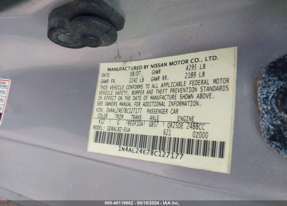 2008 NISSAN ALTIMA 2.5 S VIN: 1N4AL24E78C127177