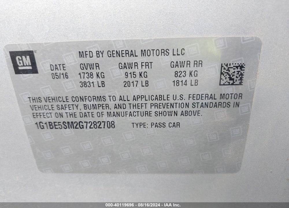 2016 CHEVROLET CRUZE LT AUTO VIN: 1G1BE5SM2G7282708