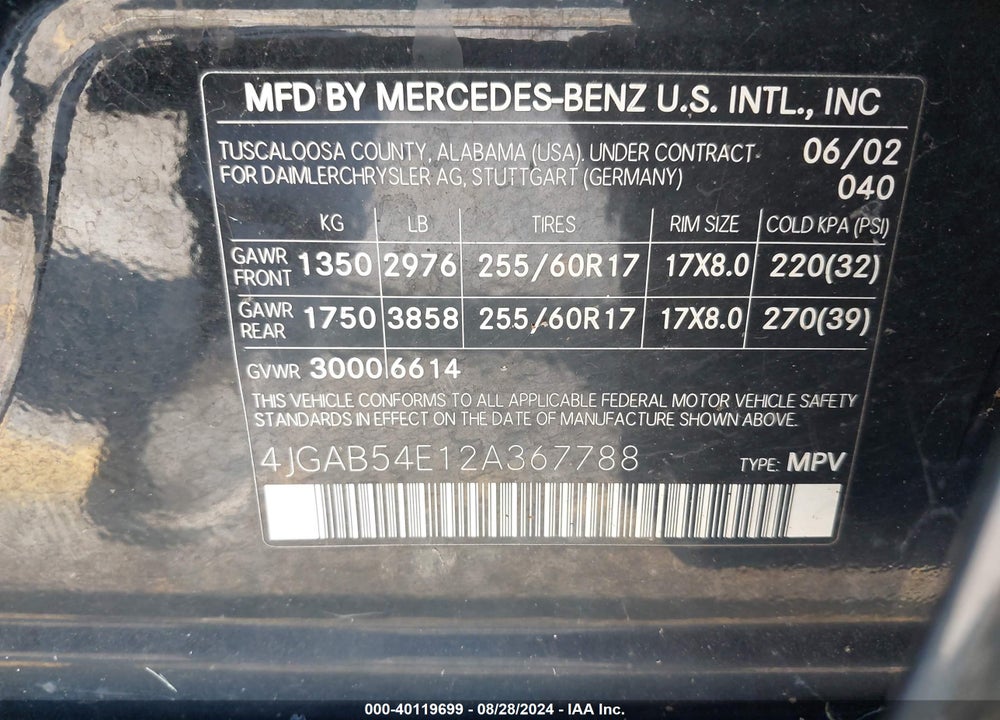 2002 MERCEDES-BENZ ML 320 VIN: 4JGAB54E12A367788