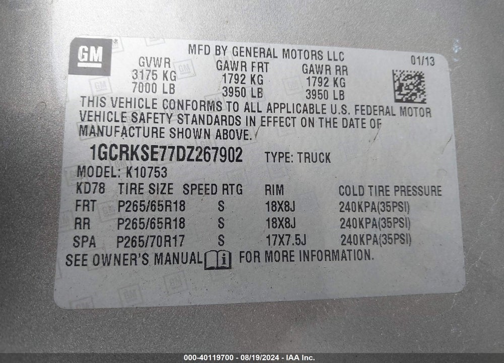 2013 CHEVROLET SILVERADO 1500 LT VIN: 1GCRKSE77DZ267902