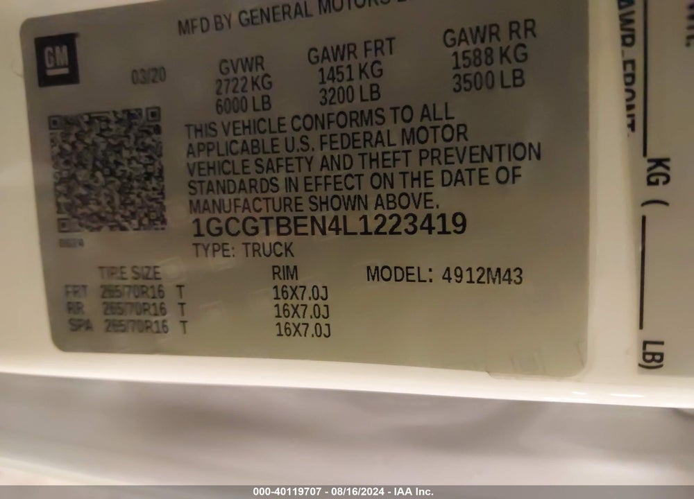 2020 CHEVROLET COLORADO 4WD SHORT BOX WT VIN: 1GCGTBEN4L1223419