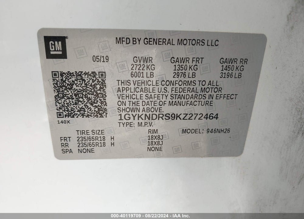 2019 CADILLAC XT5 LUXURY VIN: 1GYKNDRS9KZ272464