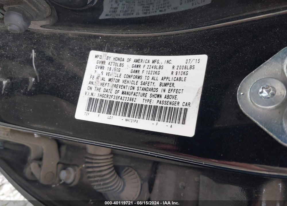 2015 HONDA ACCORD LX VIN: 1HGCR2F35FA233862