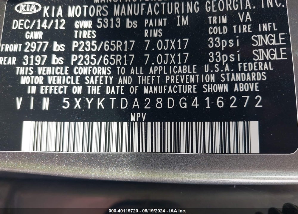 2013 KIA SORENTO LX V6 VIN: 5XYKTDA28DG416272