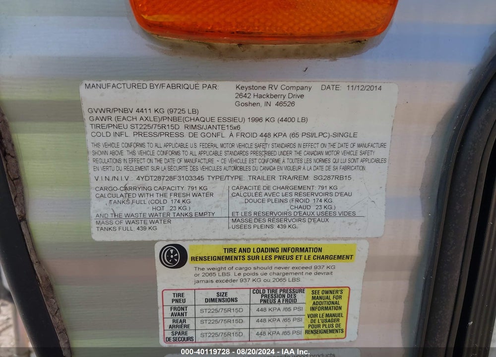 2015 KEYS SPRINGDALE VIN: 4YDT28728F3103345