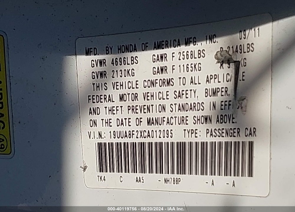 2012 ACURA TL 3.5 VIN: 19UUA8F2XCA012095