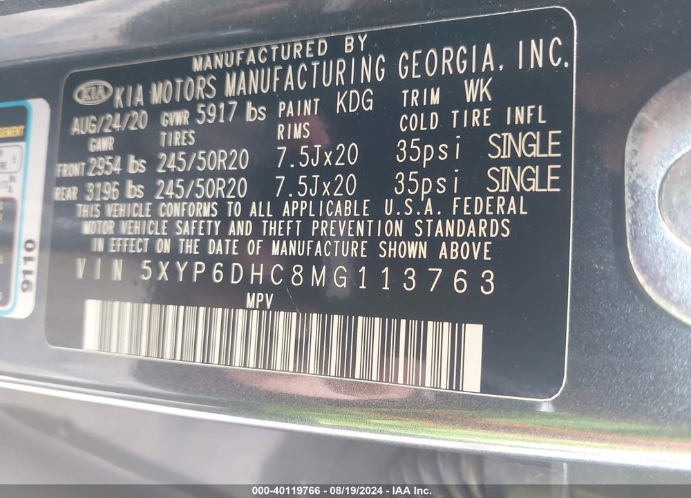 2021 KIA TELLURIDE S VIN: 5XYP6DHC8MG113763