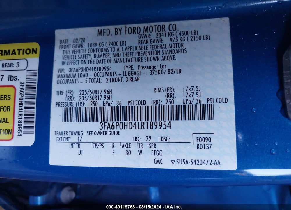 2020 FORD FUSION SE VIN: 3FA6P0HD4LR189954