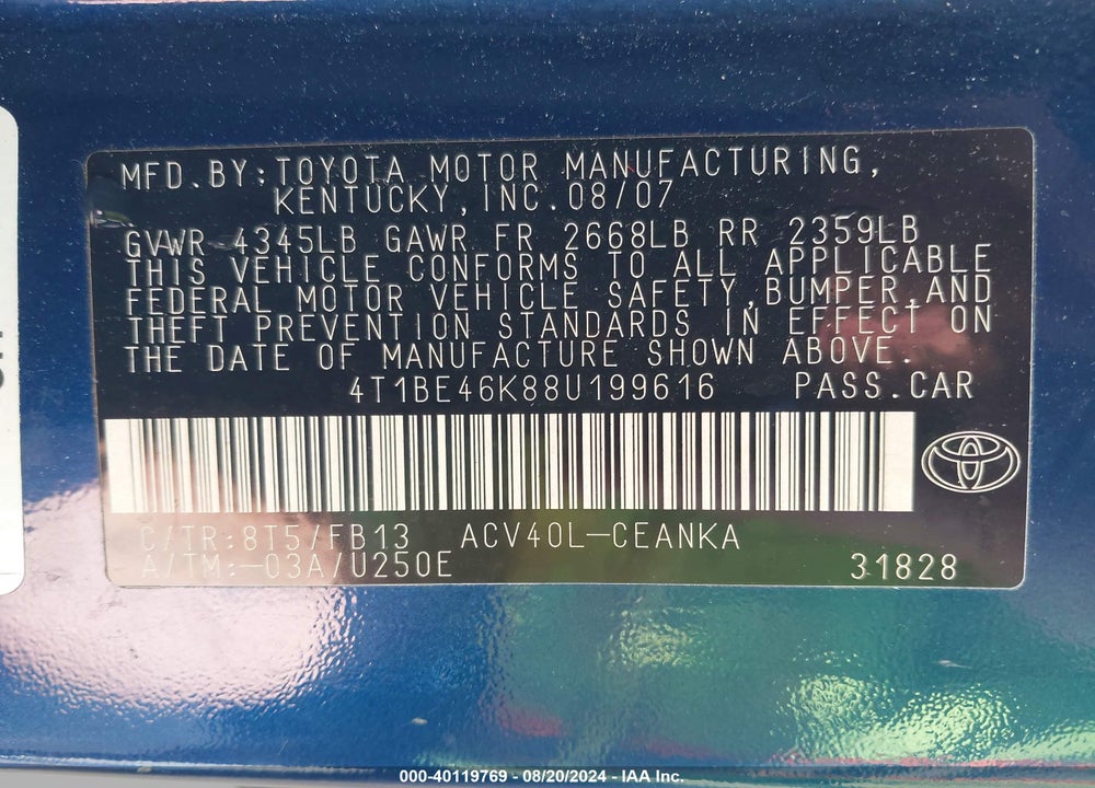 2008 TOYOTA CAMRY LE VIN: 4T1BE46K88U199616