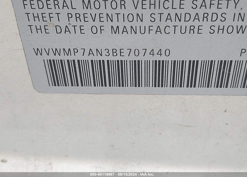 2011 VOLKSWAGEN CC SPORT VIN: WVWMP7AN3BE707440