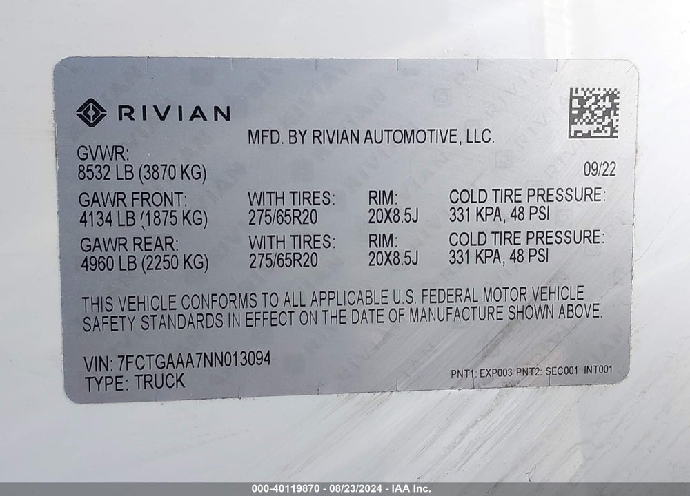 2022 RIVIAN R1T ADVENTURE VIN: 7FCTGAAA7NN013094