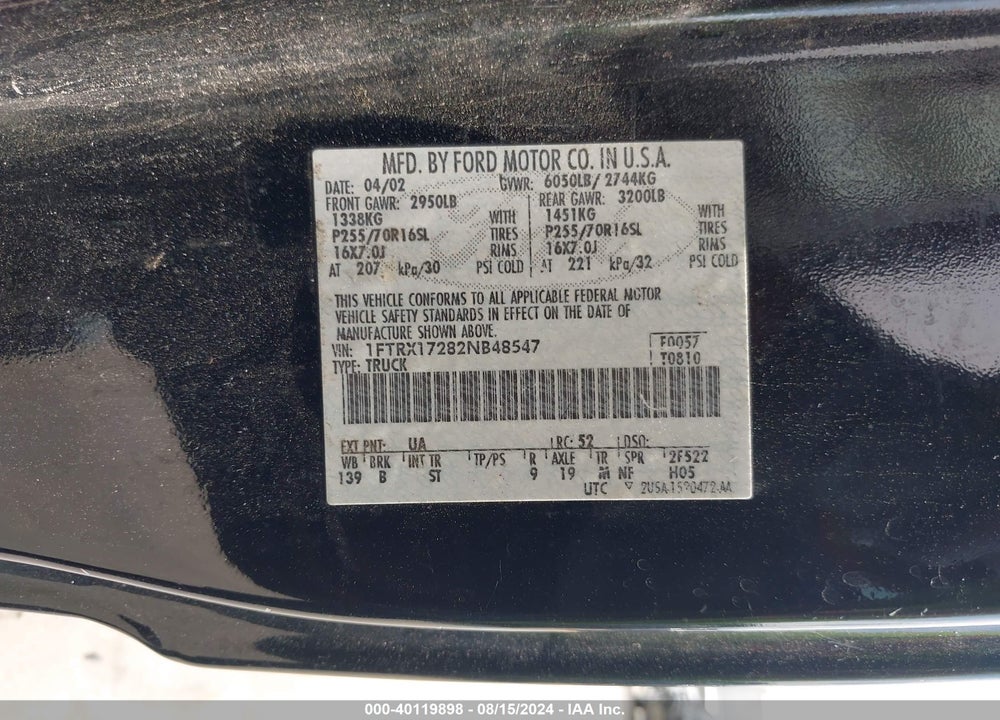 2002 FORD F-150 VIN: 1FTRX17282NB48547